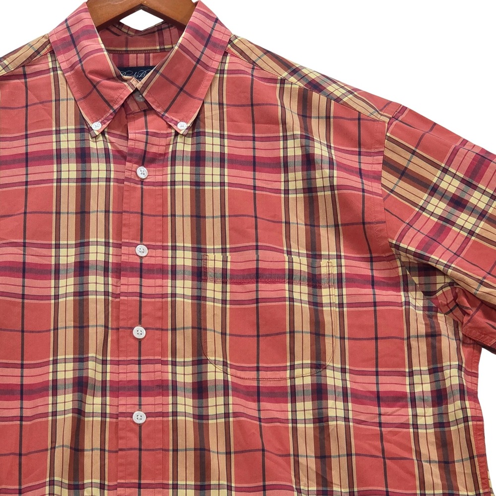 Brooks Brothers Button Down Plaid Shirt Long Sleeve‎ Coral Yellow Mens Large